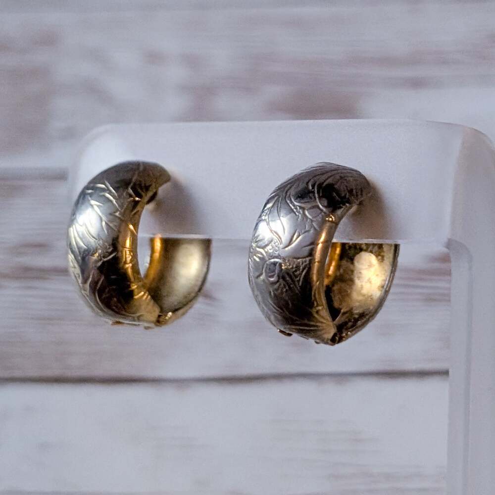 Vintage Clip On Earrings Patterned Hoops - Heavy Discoloration